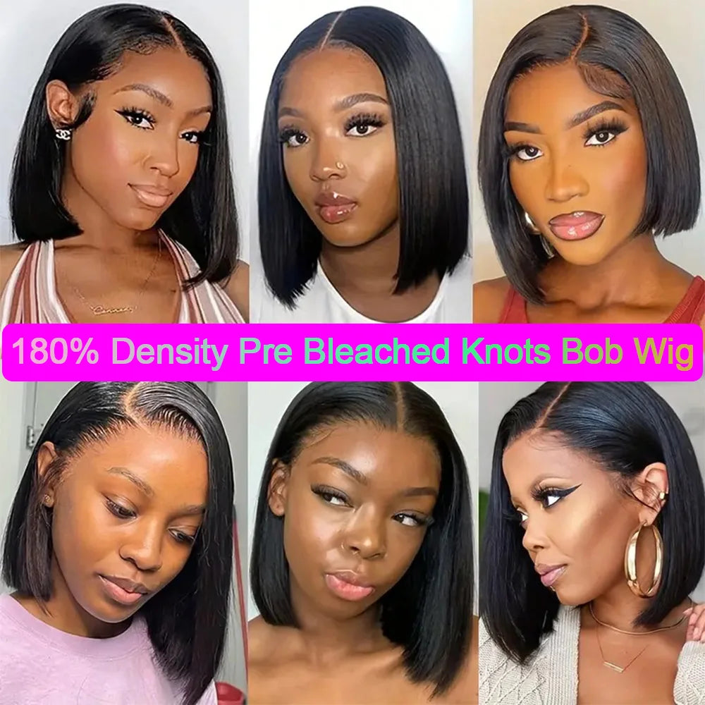 180% Density Short Straight Bob Wigs Pre Plucked Bleached Knots Brazilian Remy Human Hair