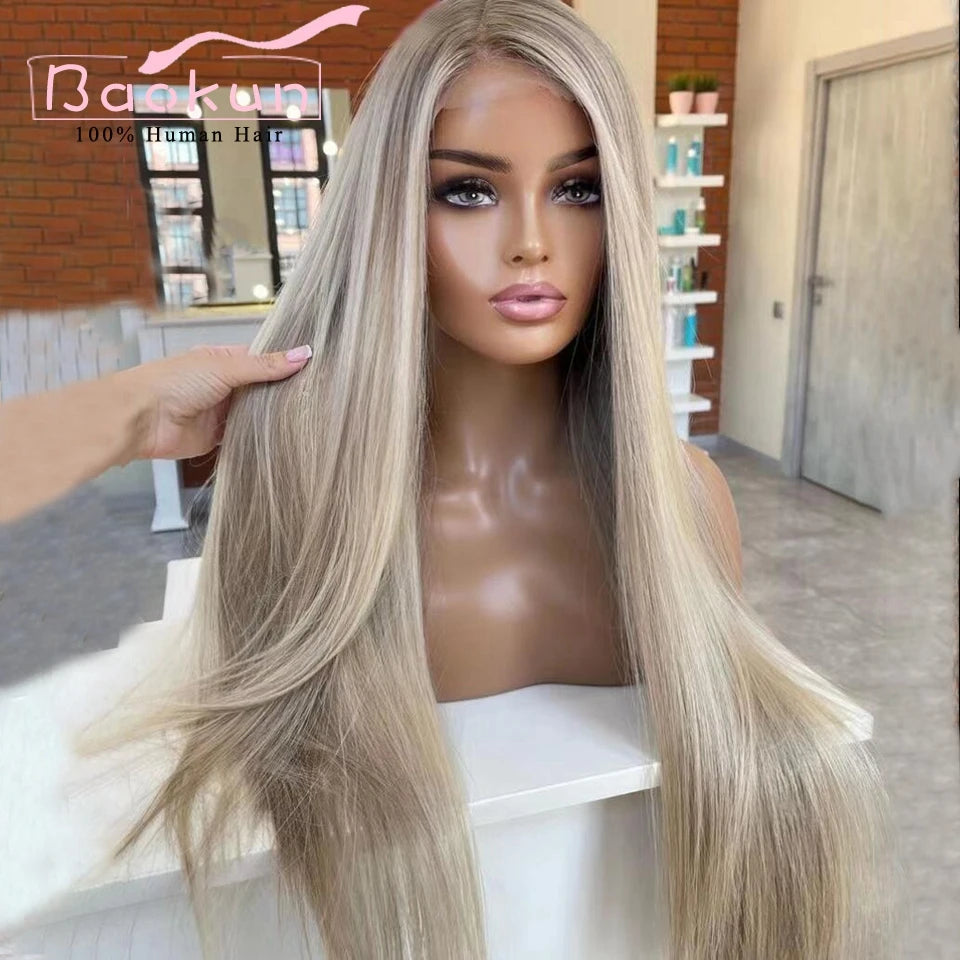 Ash Blonde Colored Straight Lace Front Wig Brazilian Remy HD Brown Highlighted