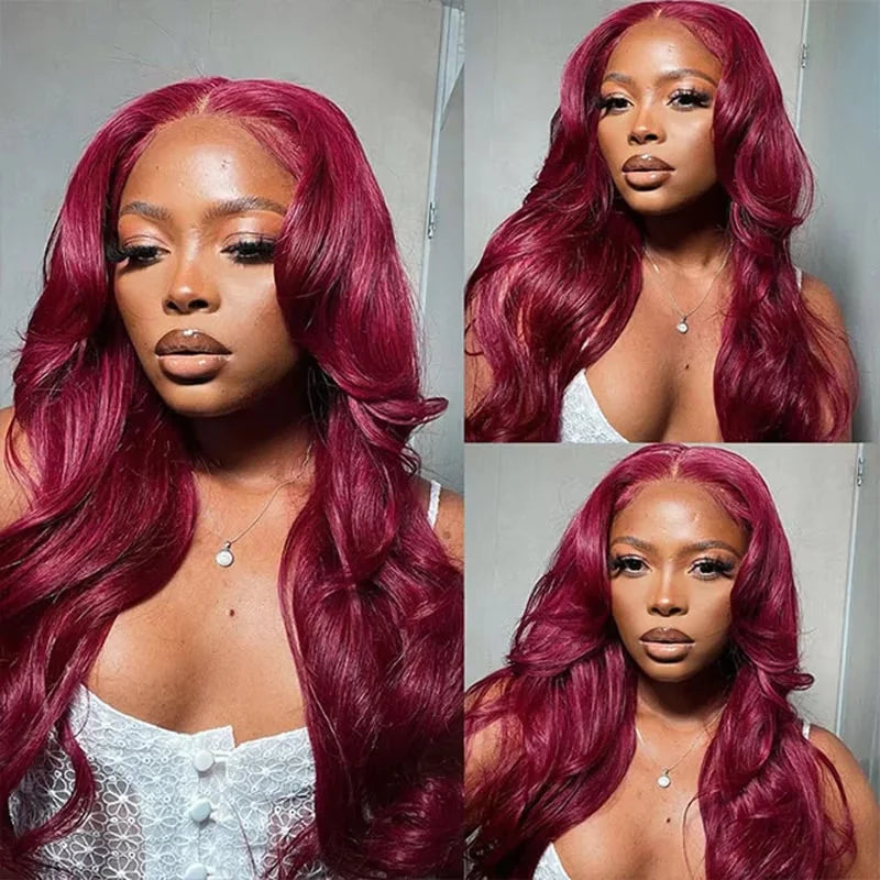 99J Burgundy HD Lace Front Wig Body Wave Red Colored Human Hair Wig