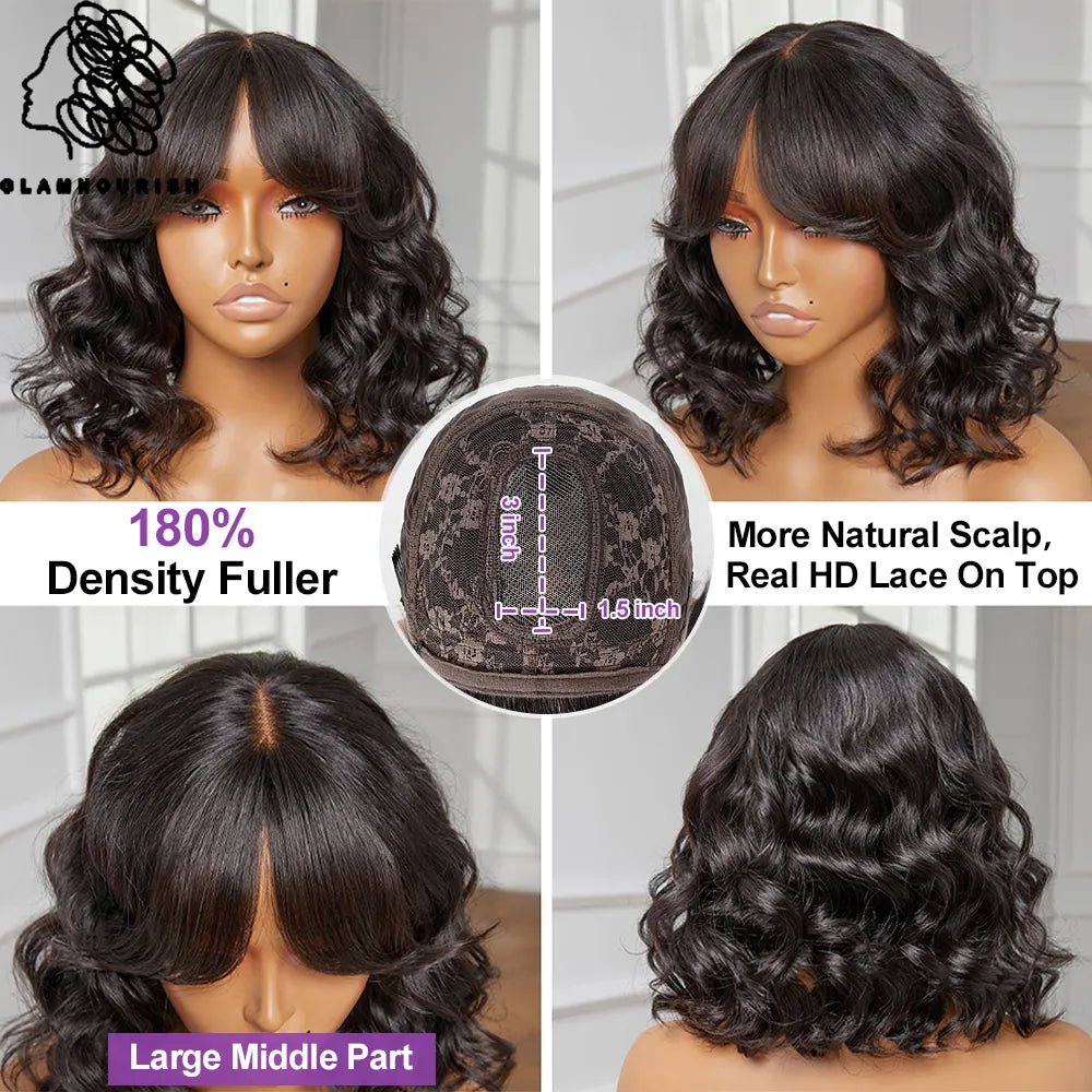 Body Wave Brazilian Human Hair Glueless Bangs Wig