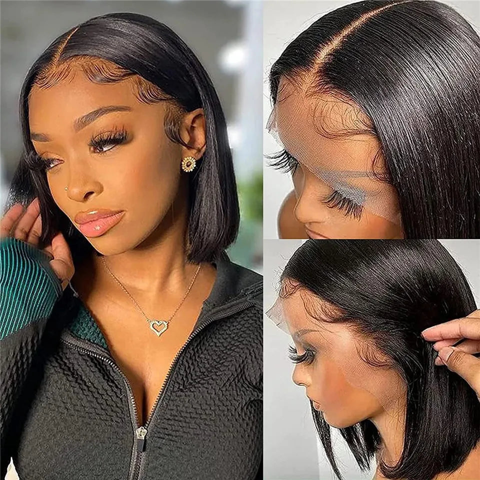 Indian Hair Straight Short Bob Lace Front Human Hair Wig 13x4 Transparent Lace Pre Plucked Free Part