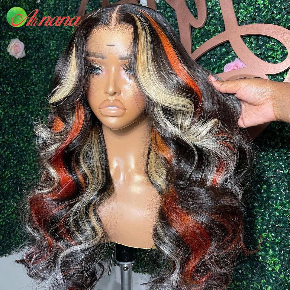 Highlights Orange Blonde Colored Straight|Body Wave Human Hair PrePlucked HD Lace Front Wig