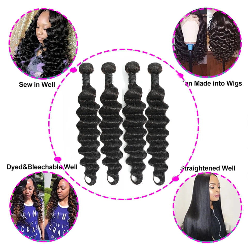 Three loose deep wave Peruvian human hair bundles, highlighting premium quality and soft, voluminous curls.