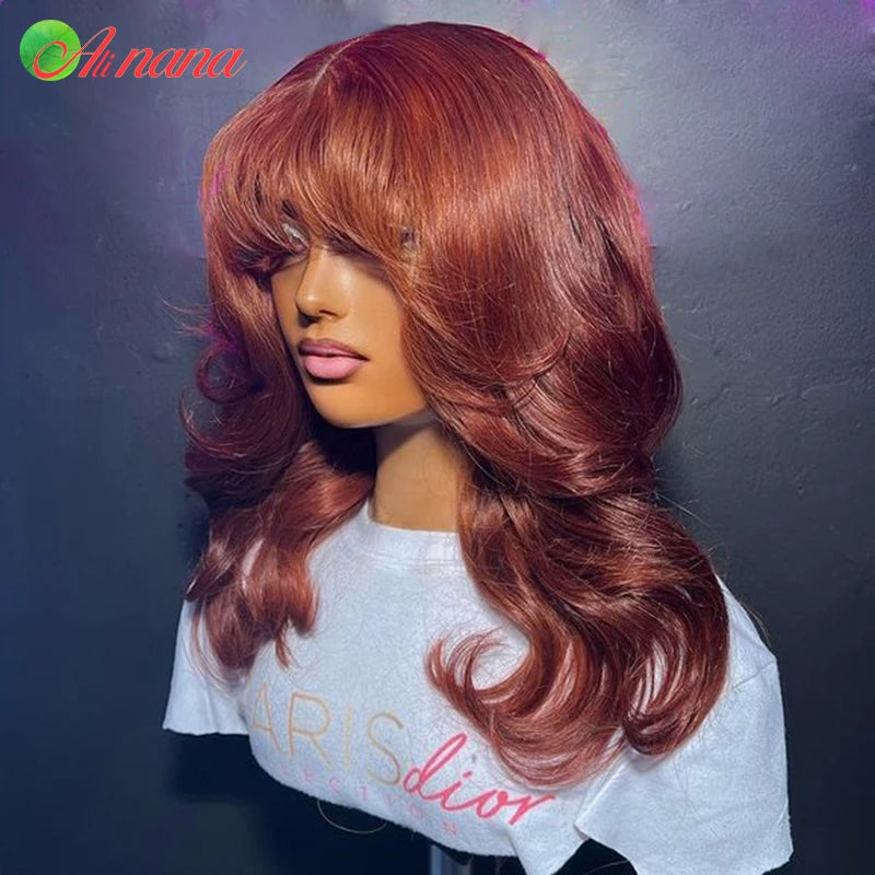 Glueless Reddish Brown Color Body Wave With Bangs Brazilian Remy Human Hair Wig