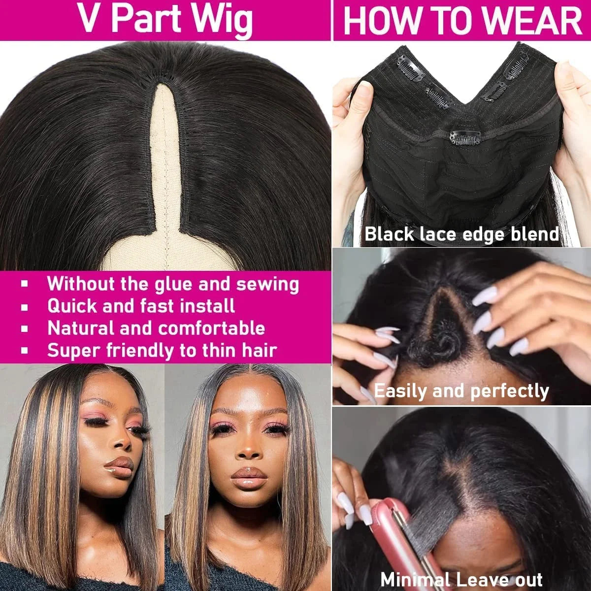 Straight Brazilian V Part Human Hair Bob Wig 180%
