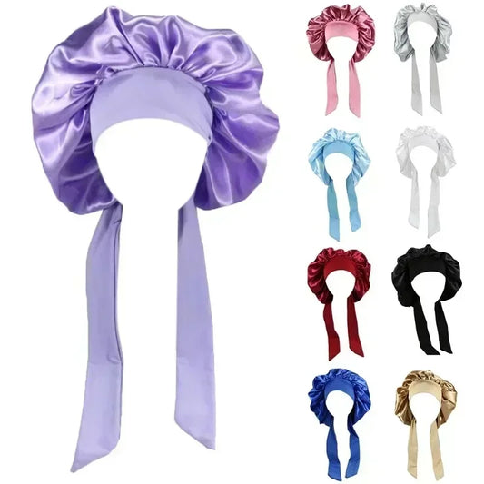 Women Satin Solid Sleep Bonnets Adjustable Cap