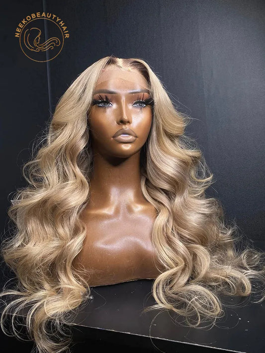 HD Transparent Lace Frontal Honey Blonde Colored Lace Front Wig Wavy Pre Plucked Wig