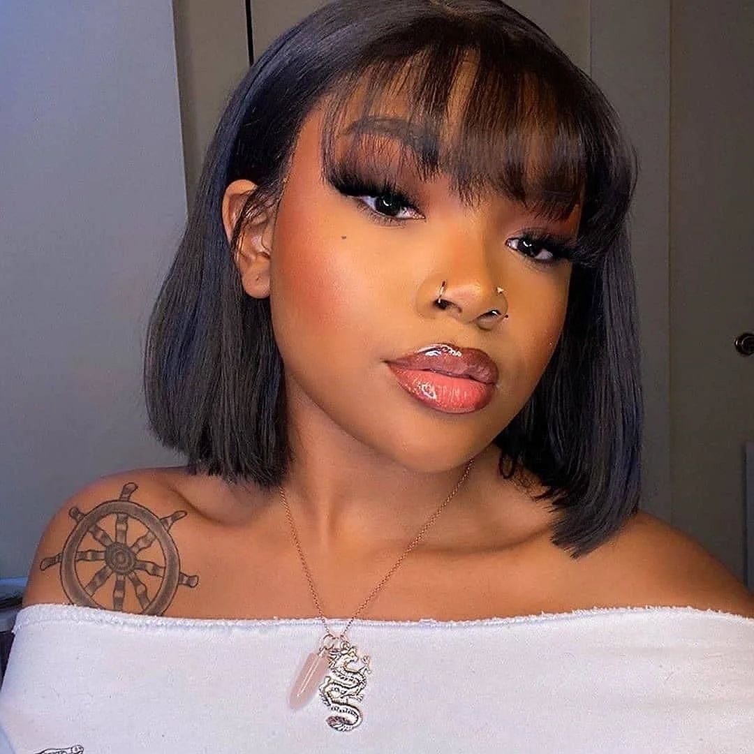 Straight Human Hair Bob Wig With Bangs Glueless Wigs Brazilian Human Virgin Hair Wigs 180 Density