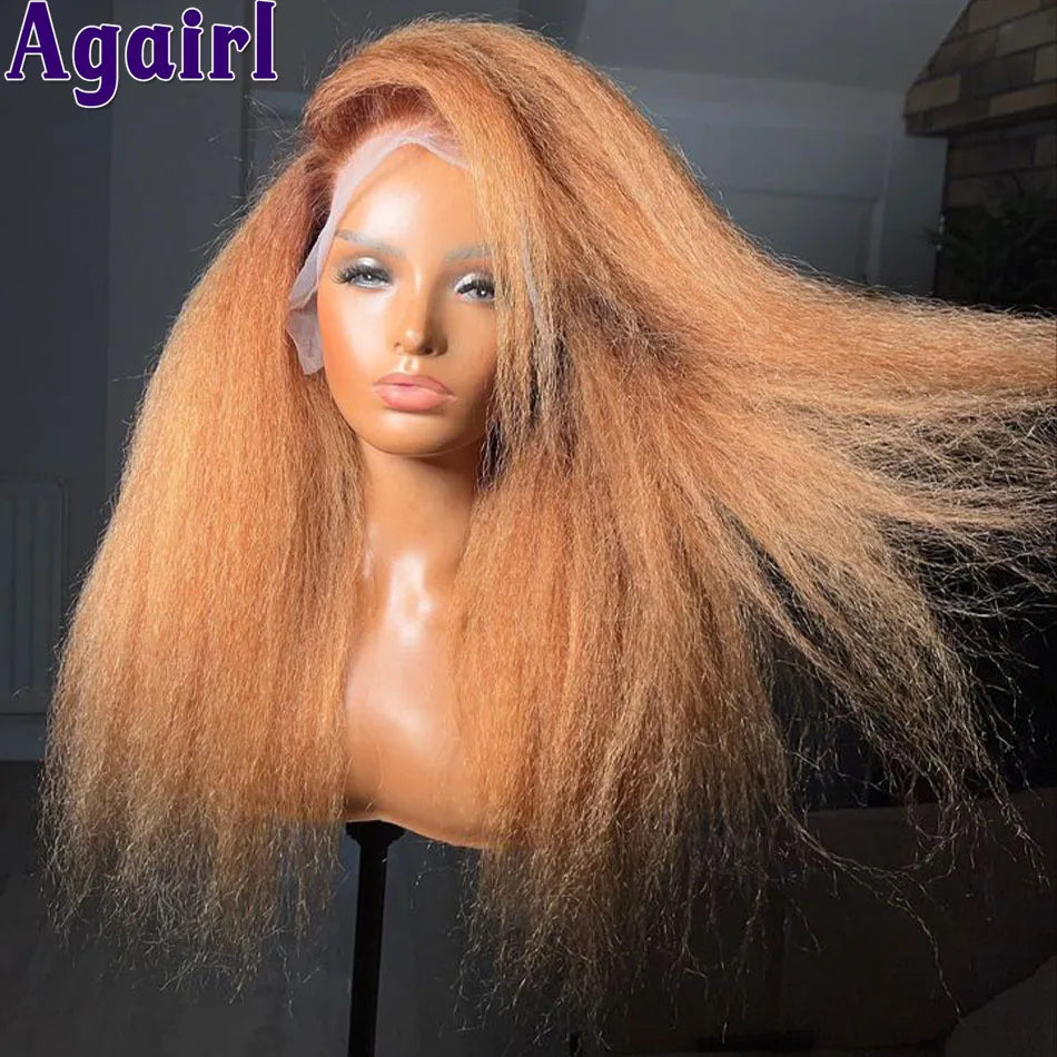 Orange Brown Yaki Kinky Straight Human Hair Wigs (Glueless Option)