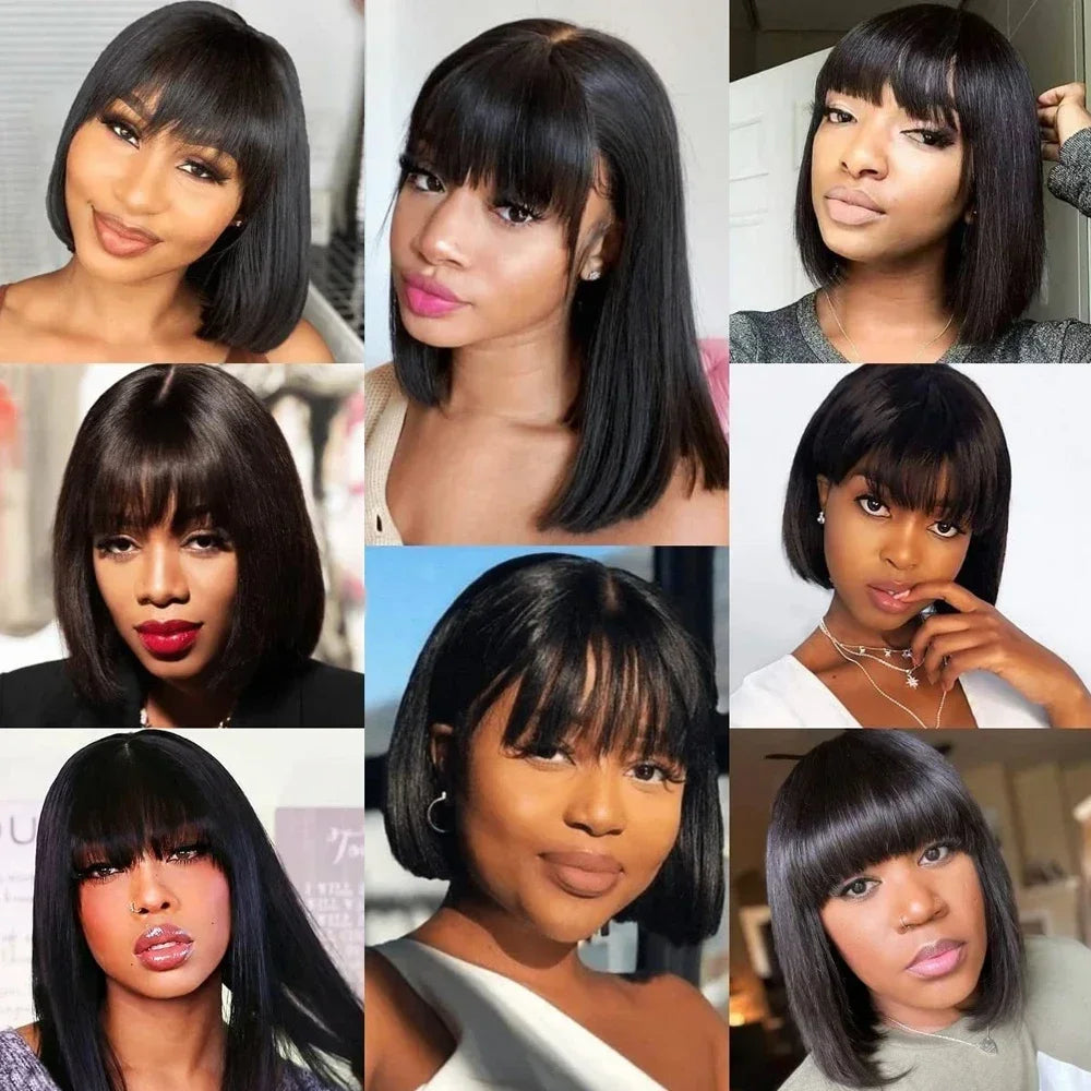 Straight Bob Glueless Wigs With Bangs Human Hair Virgin Hair