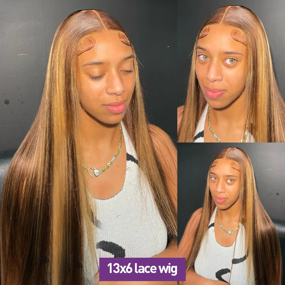 Bone Straight Highlight Lace Front Human Hair 4/27 Ombre Honey Blonde Colored Wig