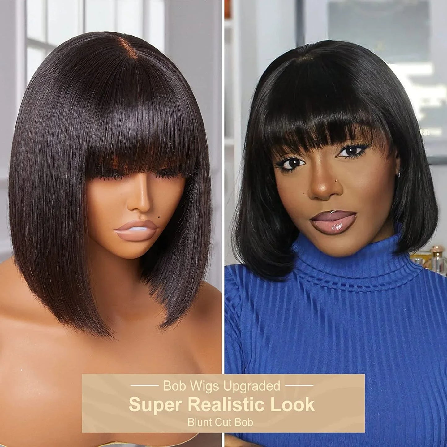 Short Straight Bob With Bangs Glueless Wigs 100% Brazilian Virgin Human Hair