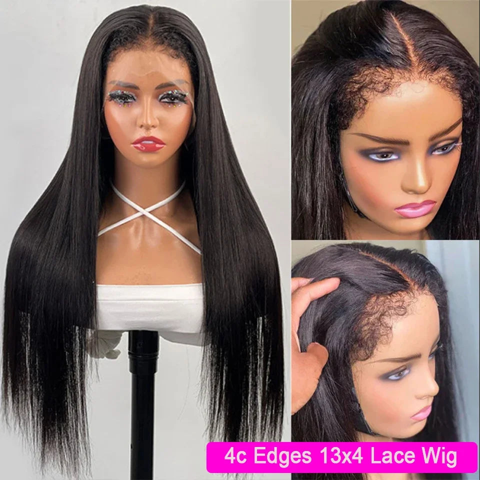 4C Glueless Preplucked Human Hair Wigs 150% Density Bone Straight Lace Front Curly Edges