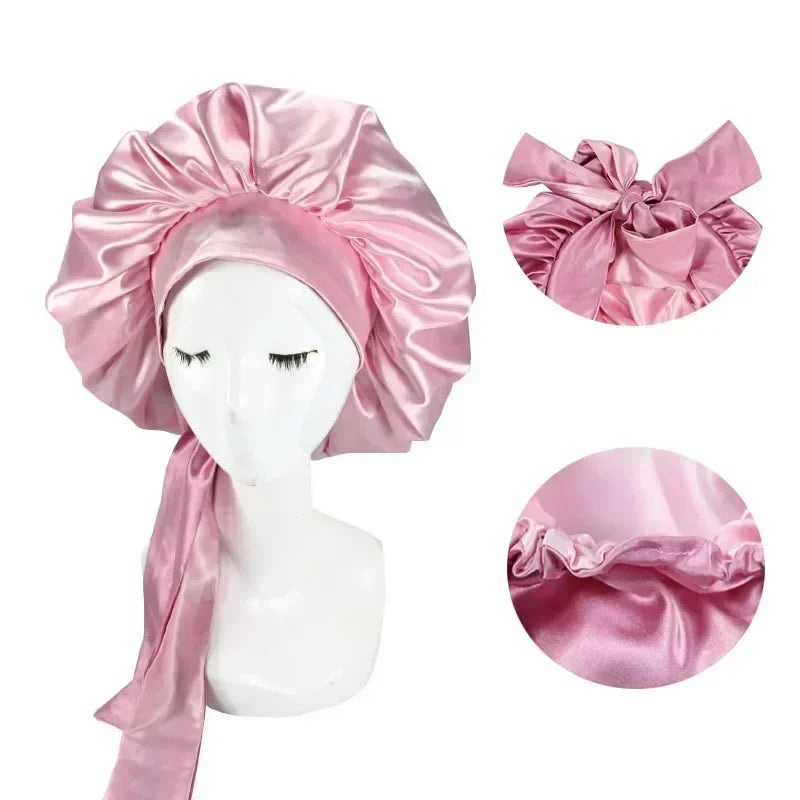 Women Satin Solid Sleep Bonnets Adjustable Cap
