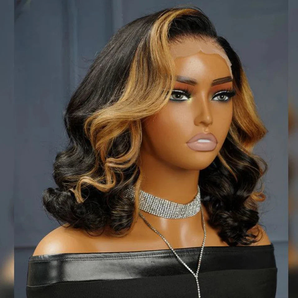 PP27 Blonde Highlight Body Wave Human Hair Bob Lace Wig Glueless