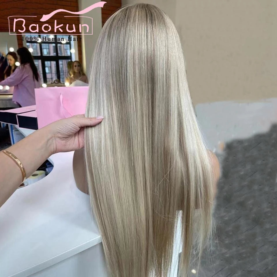 Ash Blonde Colored Straight Lace Front Wig Brazilian Remy HD Brown Highlighted