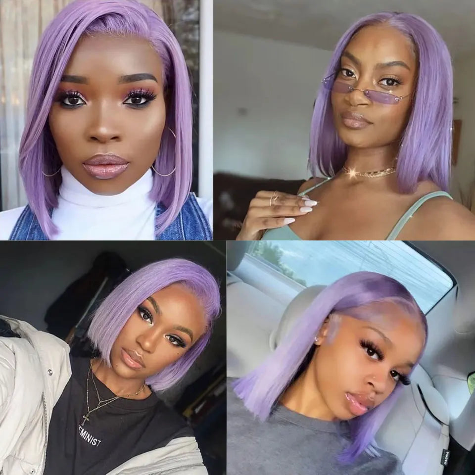 Bob Light Purple HD Transparent Lace Frontal Wig Human Brazilian Remy Hair Wig 180%