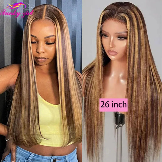 Highlight Brown Straight Lace Front Wig Human Hair Pre Plucked Honey Blonde Colored