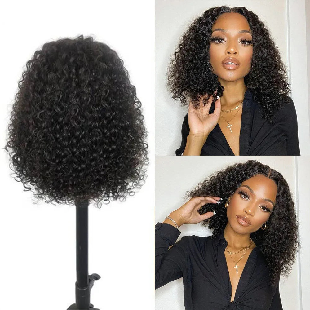 Short Bob Kinky Curly V Part Human Hair Wig